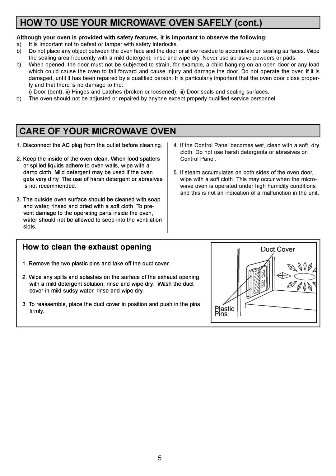Sanyo EM-S1000 HOW TO USE YOUR MICROWAVE OVEN SAFELY cont, Care Of Your Microwave Oven, How to clean the exhaust opening 