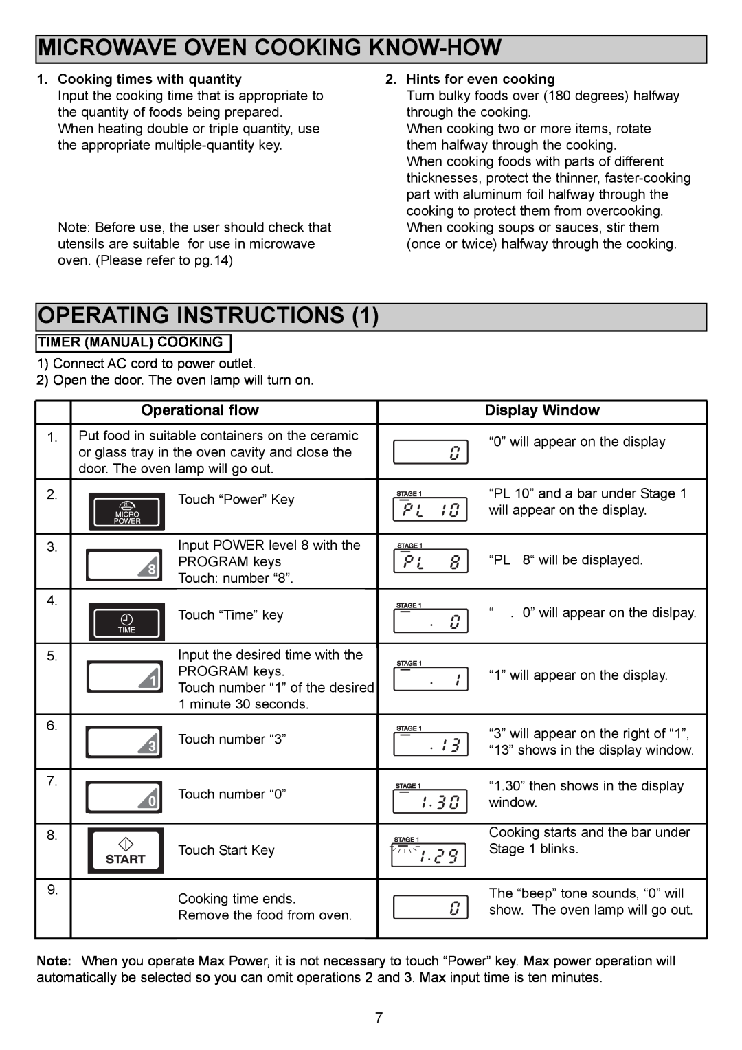 Sanyo EM-S1000 instruction manual Microwave Oven Cooking Know-How, Operating Instructions, Operational flow, Display Window 