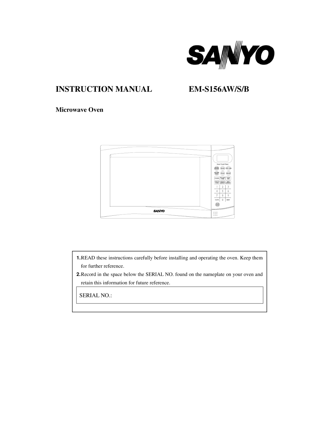 Sanyo EM-S156AS, EM-S156AB instruction manual EM-S156AW/S/B, Microwave Oven 