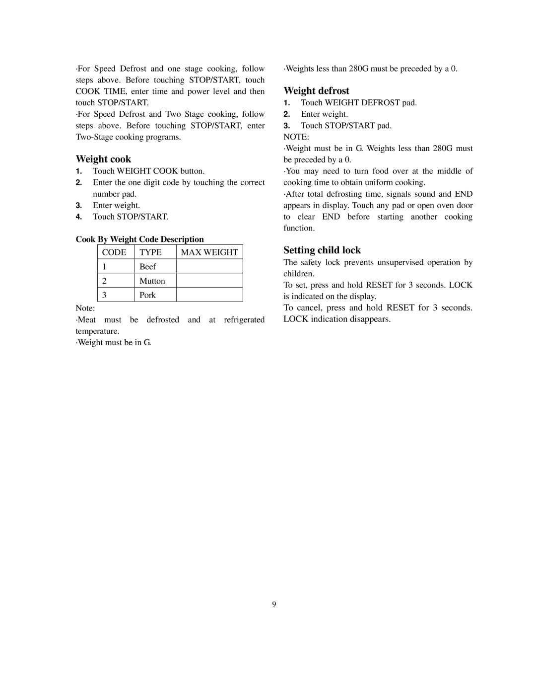 Sanyo EM-S156AS, EM-S156AW, EM-S156AB Weight cook, Weight defrost, Setting child lock, Cook By Weight Code Description 