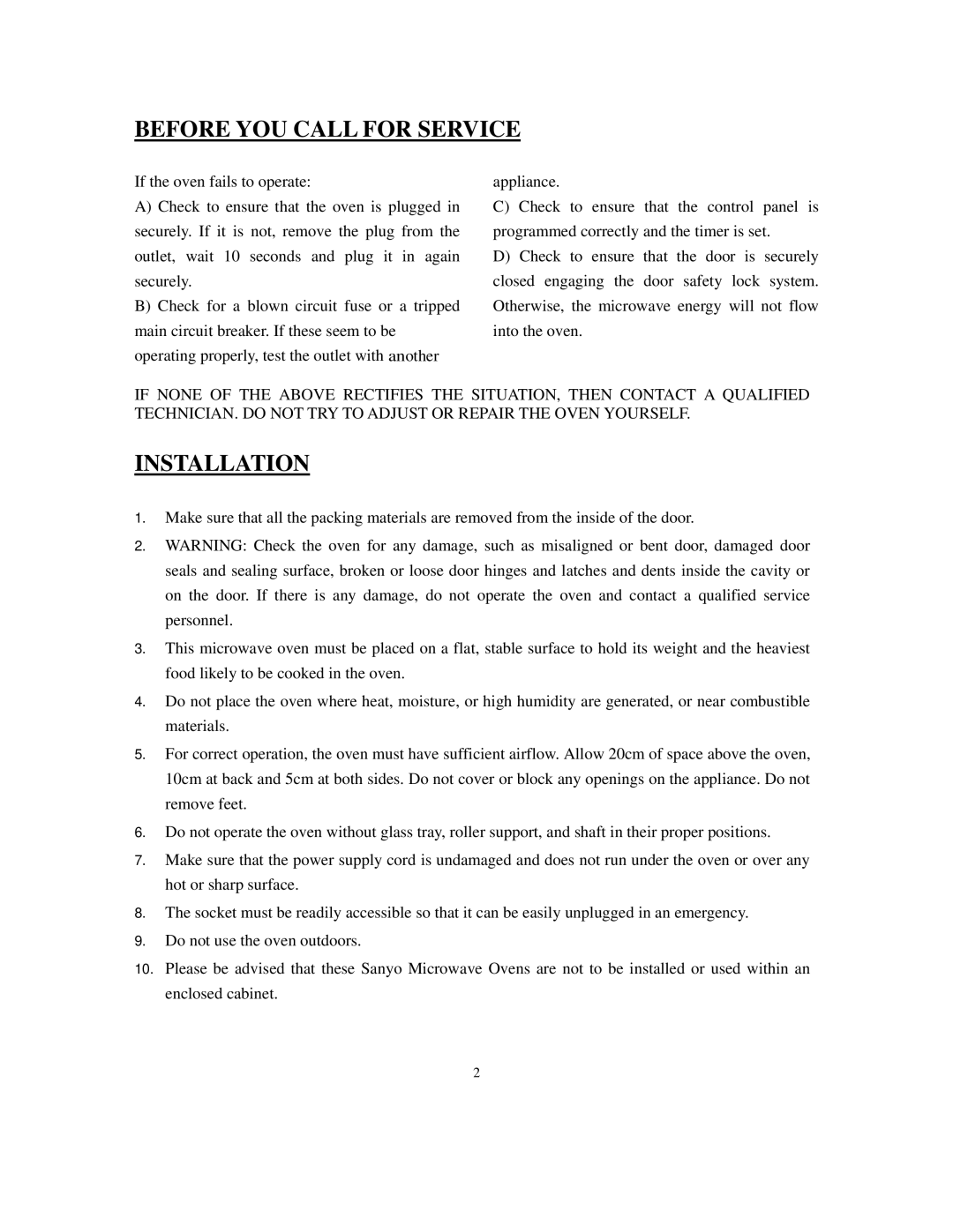 Sanyo EM-S156AW, EM-S156AS, EM-S156AB instruction manual Before YOU Call for Service, Installation 