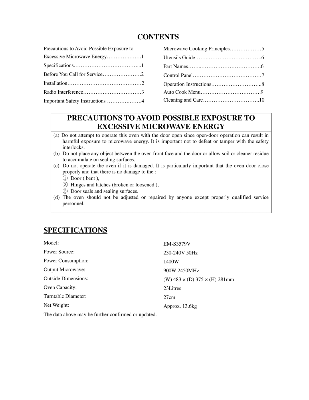 Sanyo EM-S3579V instruction manual Contents, Specifications 