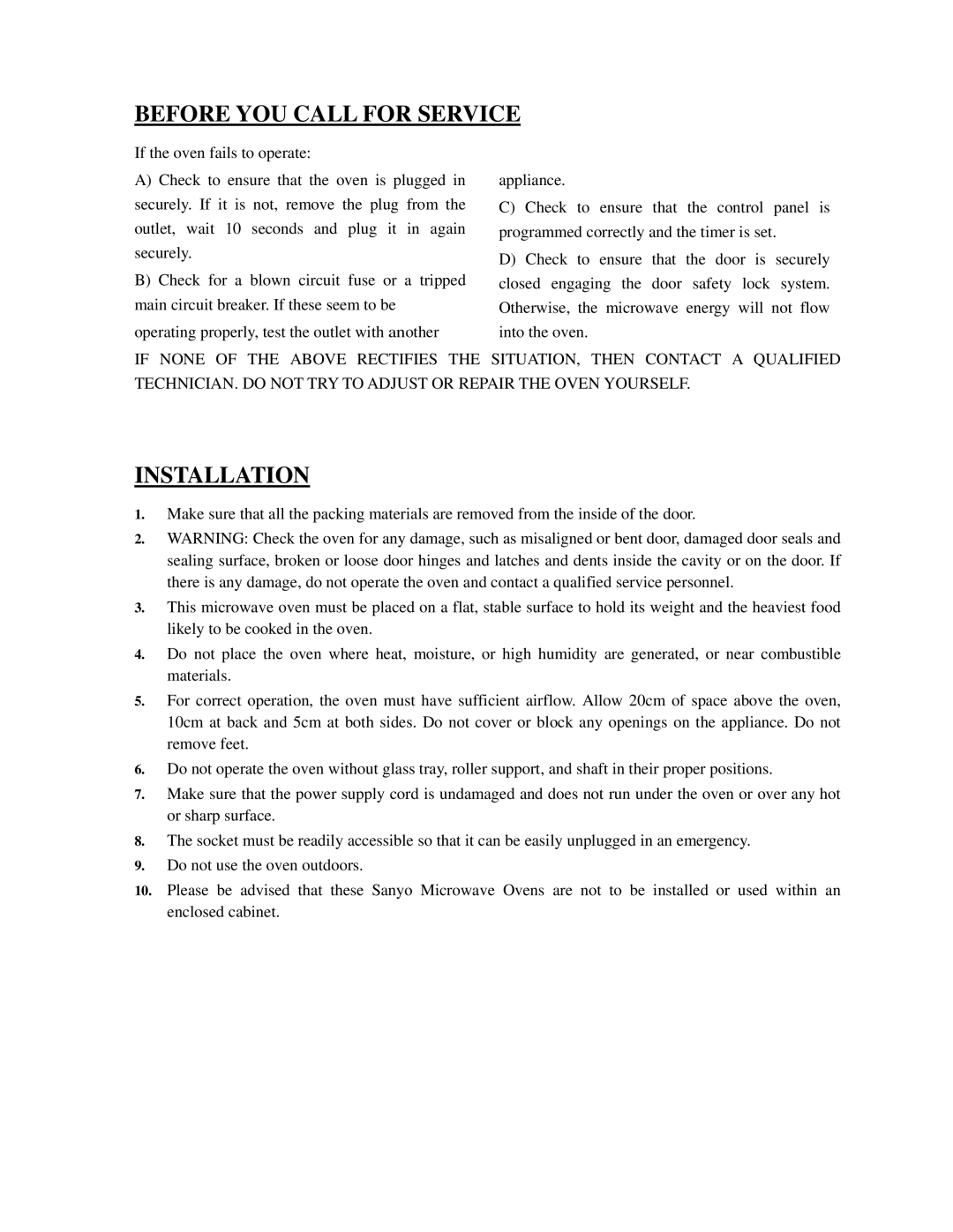 Sanyo EM-S3579V instruction manual Before YOU Call for Service, Installation 