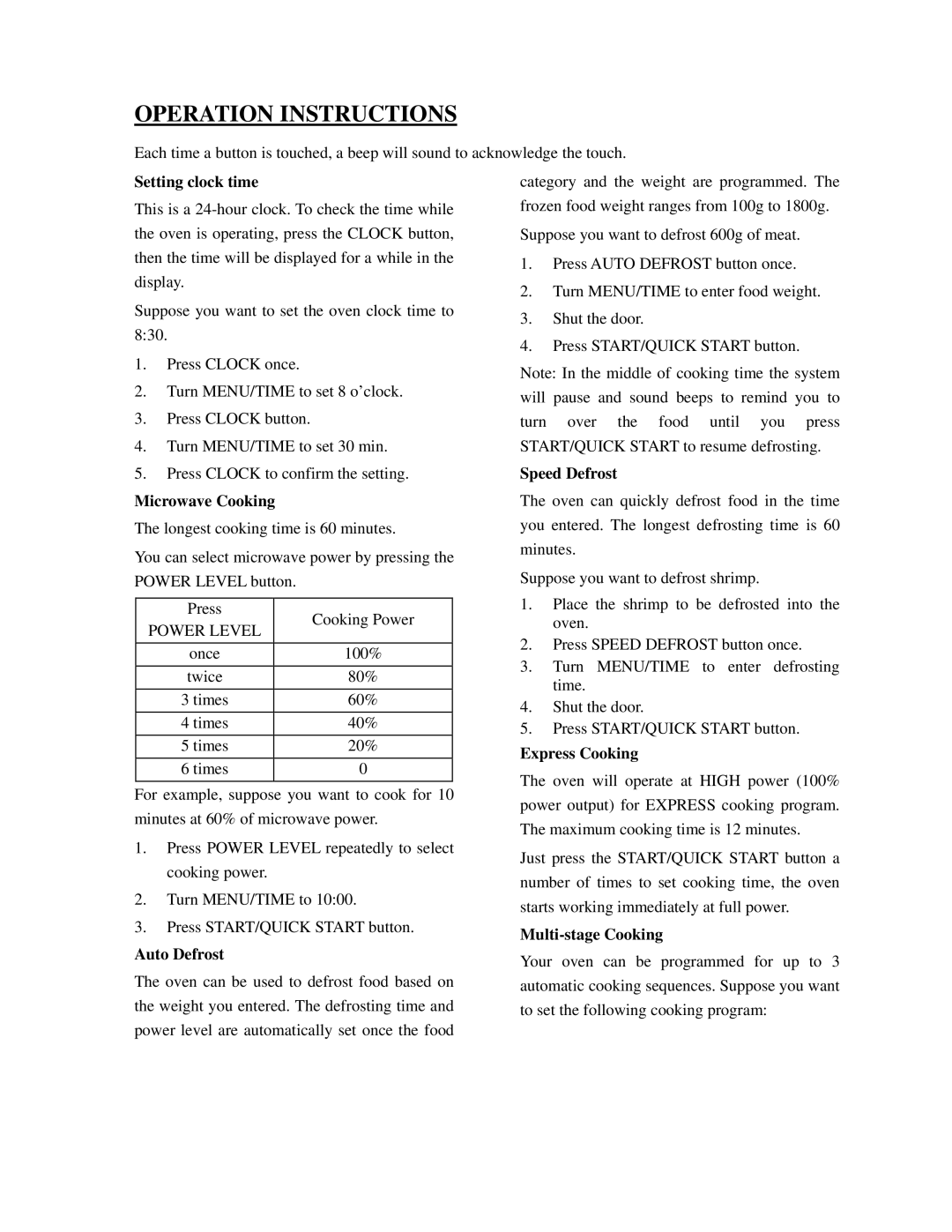 Sanyo EM-S3579V instruction manual Operation Instructions, Setting clock time 