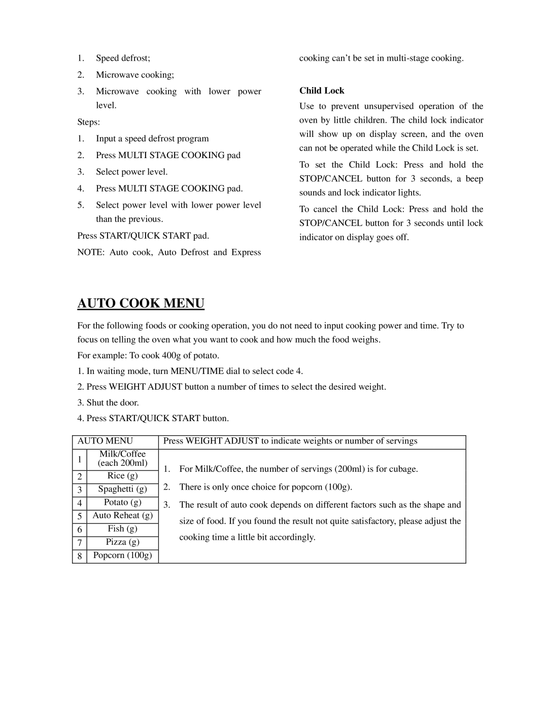 Sanyo EM-S3579V instruction manual Auto Cook Menu, Child Lock 