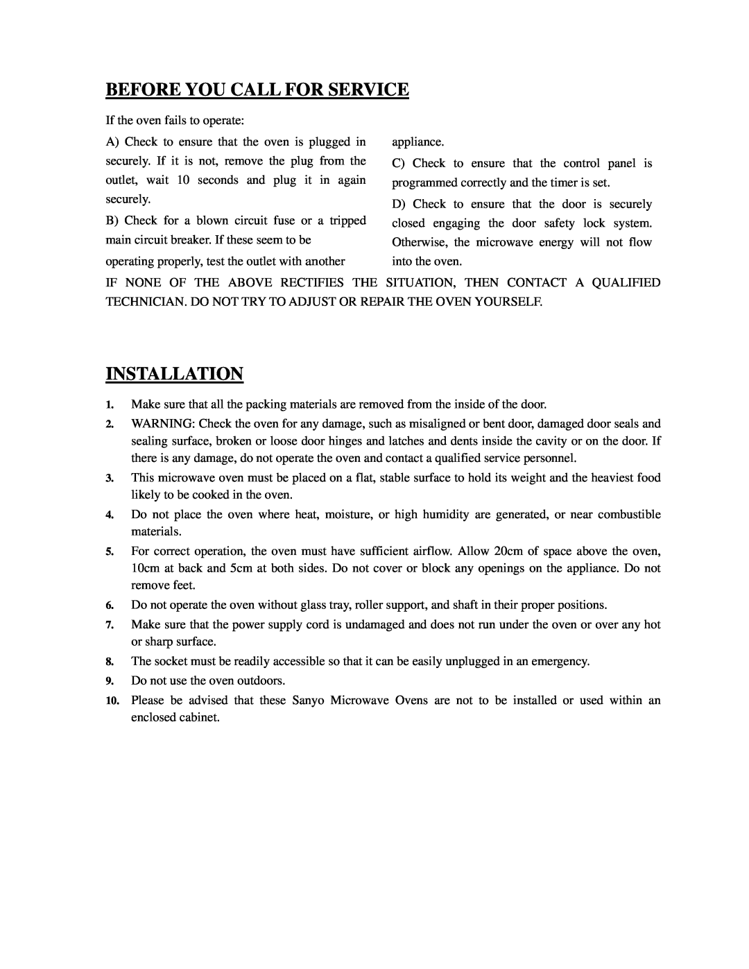 Sanyo EM-S3579V instruction manual Before You Call For Service, Installation 