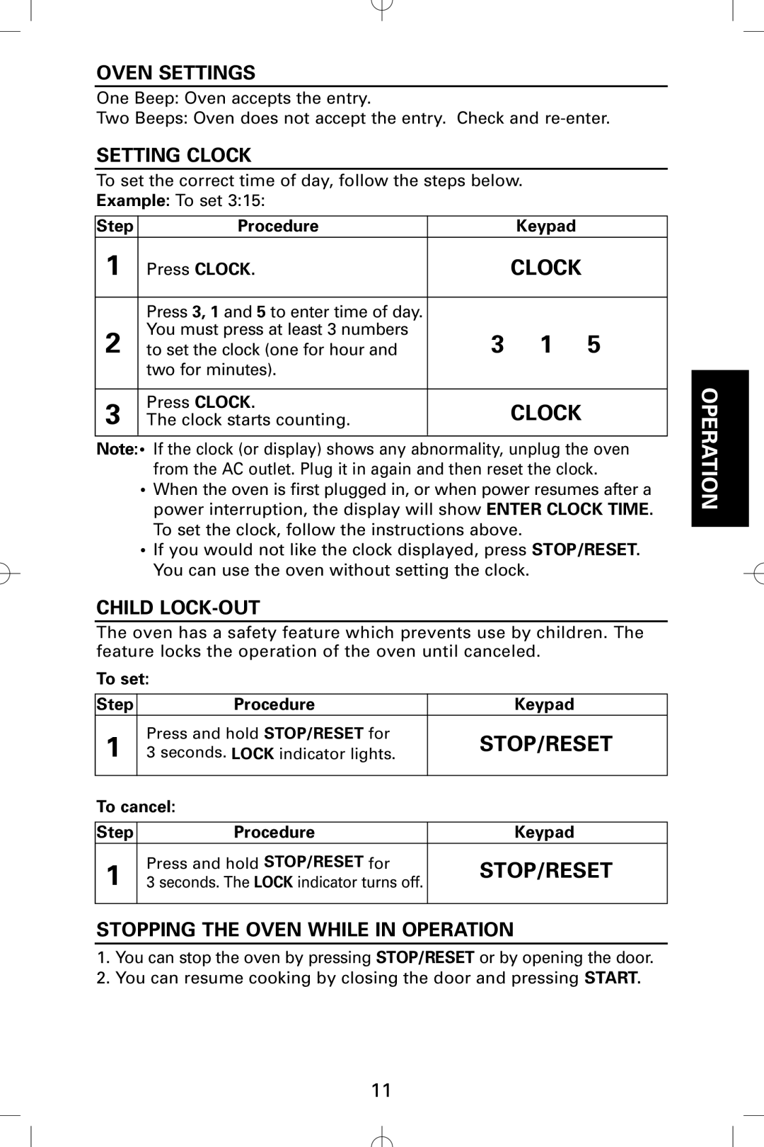 Sanyo EM-S5002W Oven Settings, Setting Clock, Child LOCK-OUT, Stop/Reset, Stopping the Oven While in Operation 