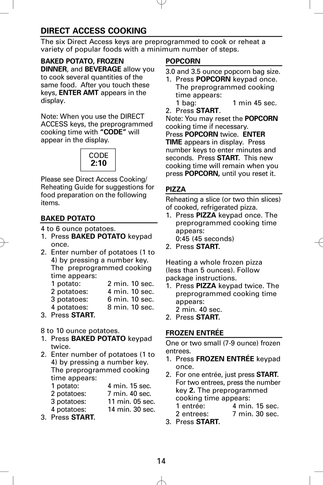 Sanyo EM-S5002W instruction manual Direct Access Cooking 