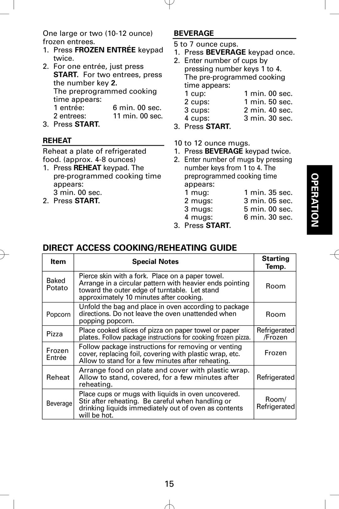 Sanyo EM-S5002W Direct Access COOKING/REHEATING Guide, Press Frozen Entrée keypad twice, Reheat, Beverage 