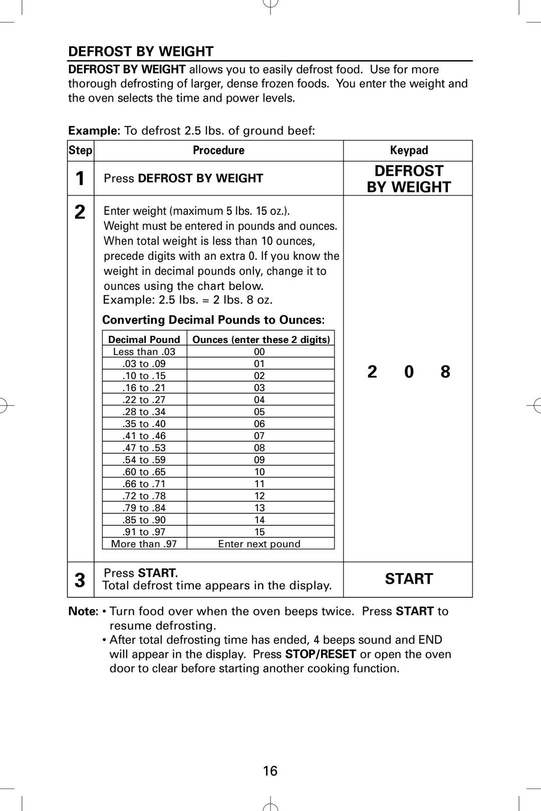 Sanyo EM-S5002W instruction manual By Weight, Press Defrost by Weight, Converting Decimal Pounds to Ounces 