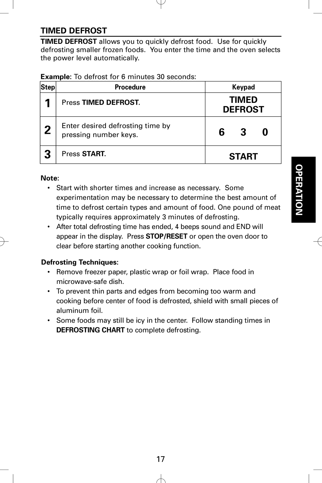 Sanyo EM-S5002W instruction manual Procedure Keypad Press Timed Defrost, Defrosting Techniques 