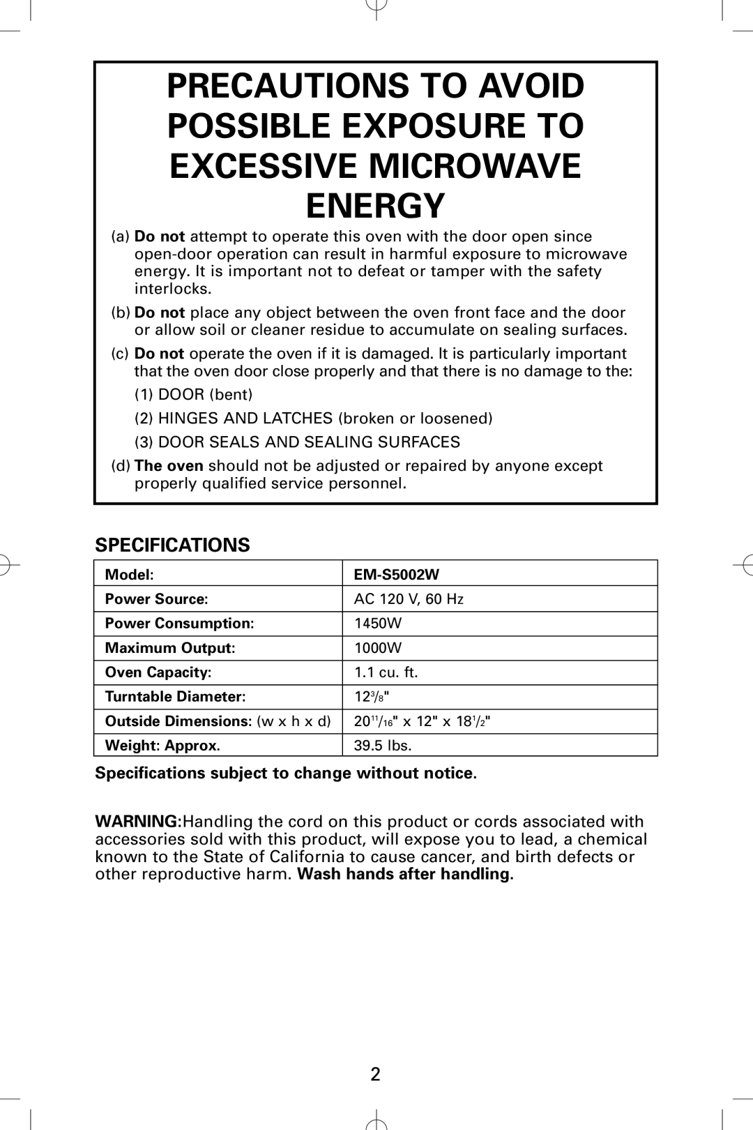 Sanyo EM-S5002W instruction manual Specifications subject to change without notice 