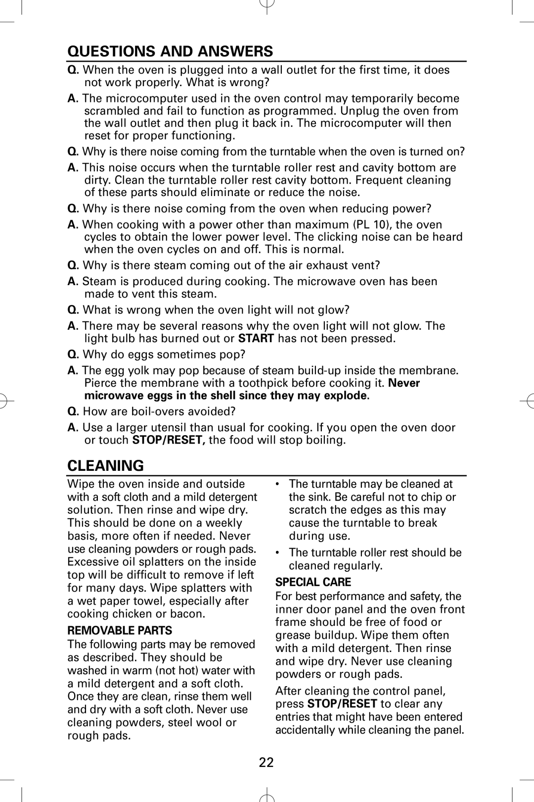 Sanyo EM-S5002W instruction manual Questions and Answers, Cleaning, Removable Parts, Special Care 