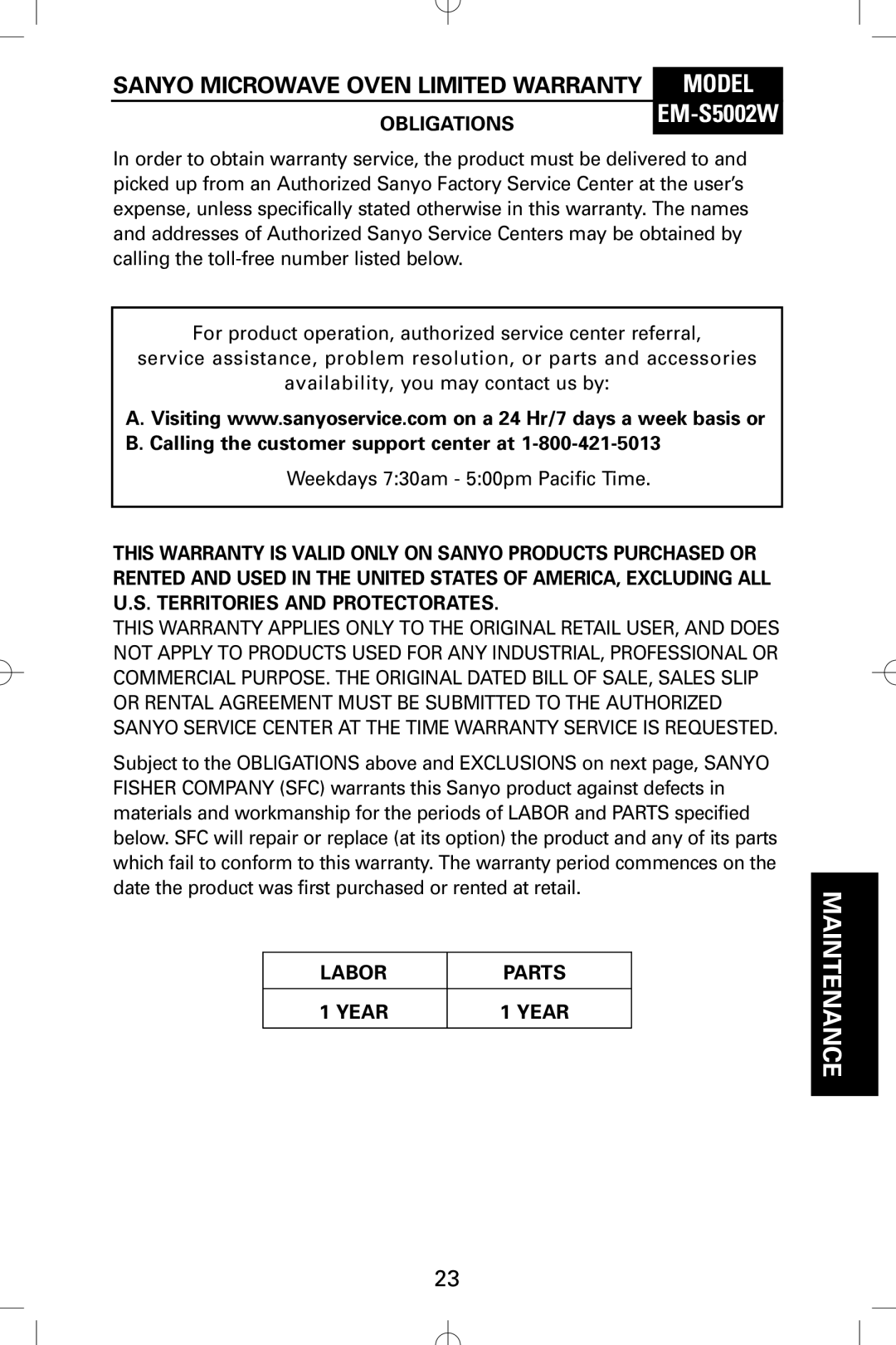 Sanyo instruction manual Sanyo Microwave Oven Limited Warranty Model, OBLIGATIONSEM-S5002W, Labor, Year 