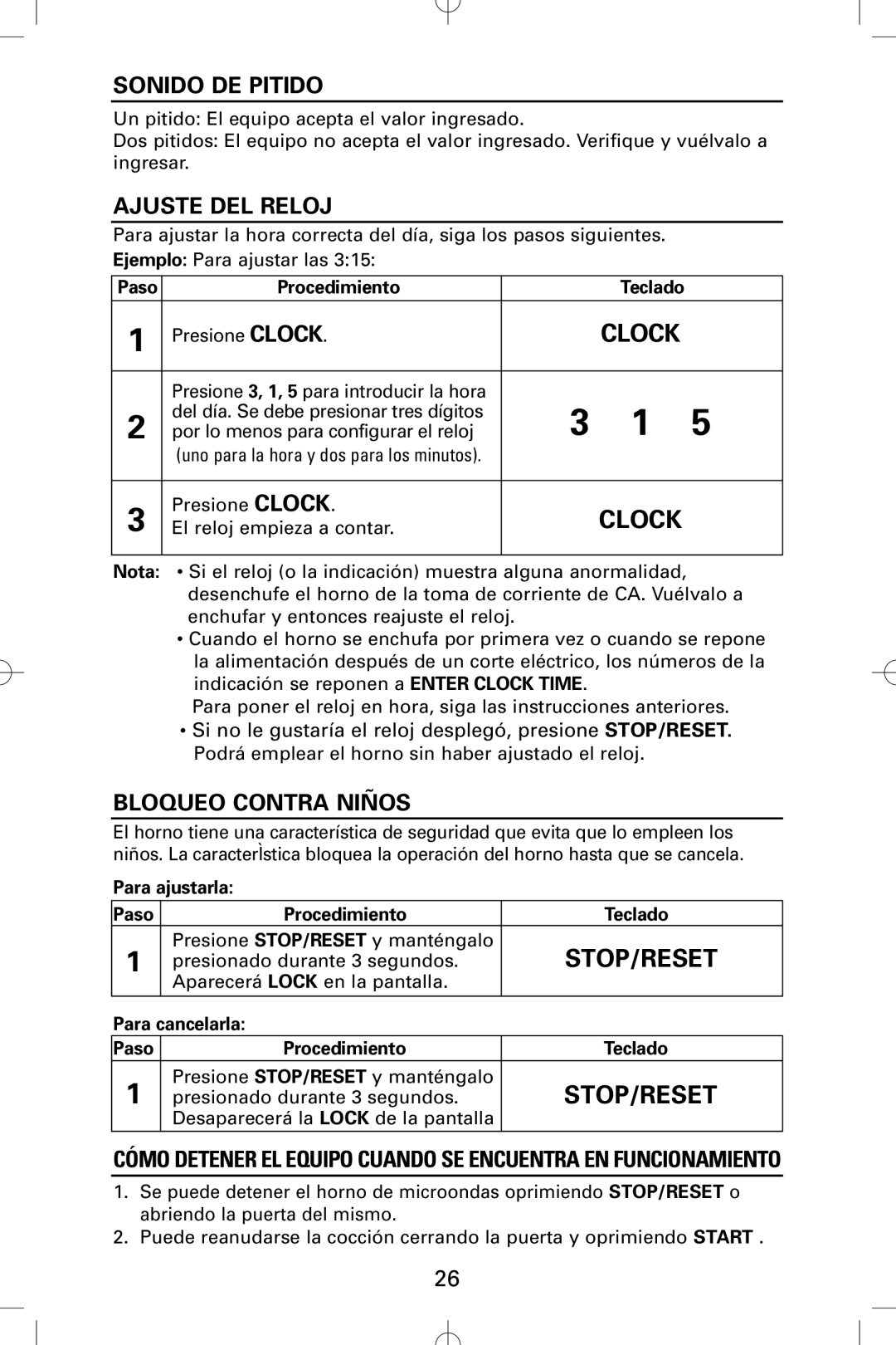 Sanyo EM-S5002W instruction manual Stop/Reset, Sonido DE Pitido, Ajuste DEL Reloj, Bloqueo Contra Niños 