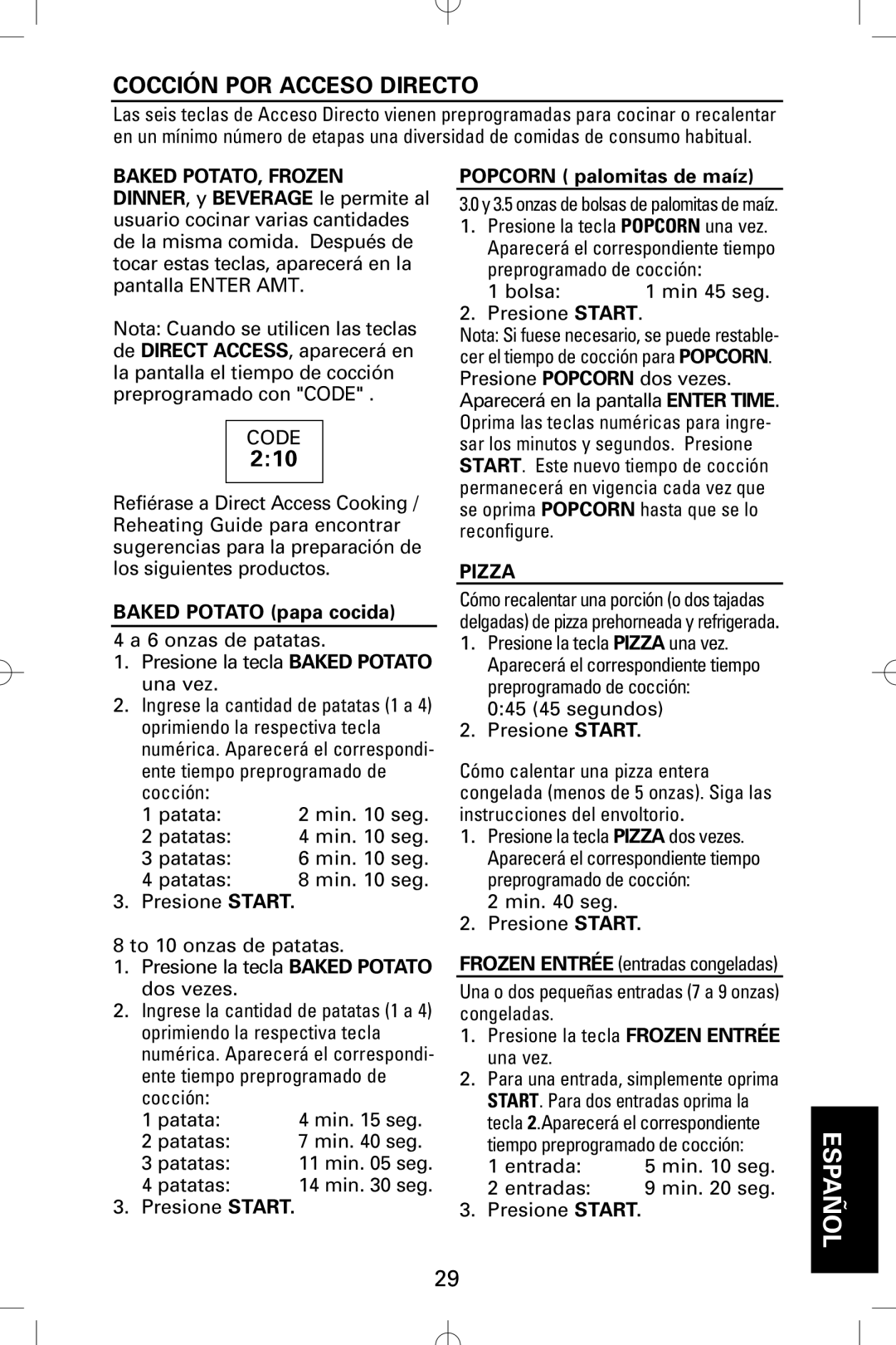 Sanyo EM-S5002W instruction manual Cocción POR Acceso Directo, Baked Potato papa cocida, Popcorn palomitas de maíz 