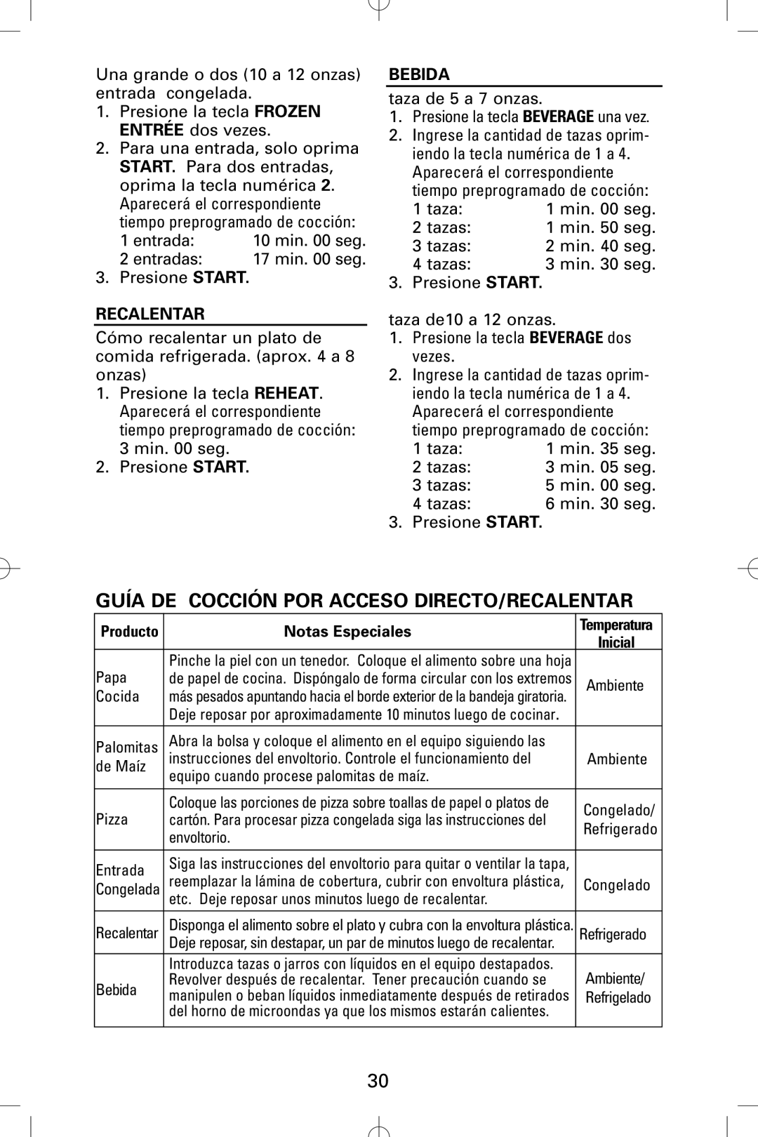 Sanyo EM-S5002W instruction manual Guía DE Cocción POR Acceso DIRECTO/RECALENTAR, Recalentar, Bebida, Notas Especiales 