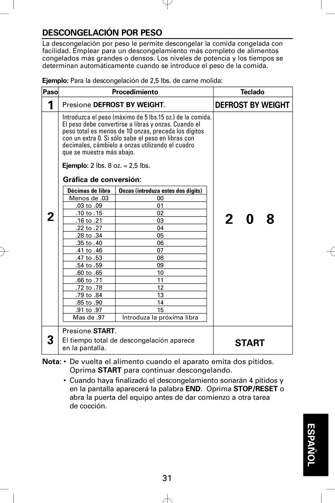 Sanyo EM-S5002W instruction manual Descongelación POR Peso, Gráfica de conversión, Presione Defrost by Weight 