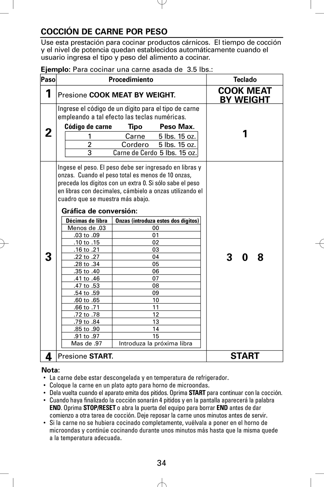 Sanyo EM-S5002W instruction manual Cocción DE Carne POR Peso, Cook Meat, By Weight 