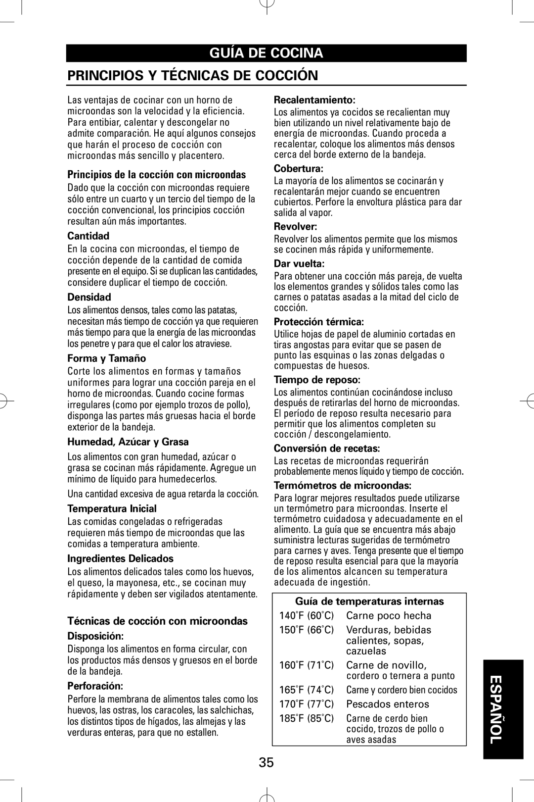 Sanyo EM-S5002W instruction manual Principios Y Técnicas DE Cocción, Técnicas de cocción con microondas 