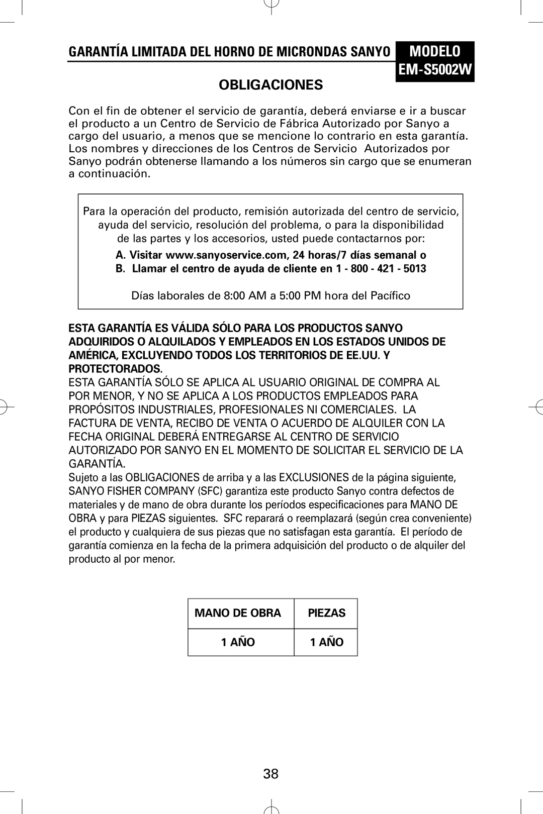 Sanyo EM-S5002W instruction manual Garantía Limitada DEL Horno DE Microndas Sanyo Modelo, Obligaciones 