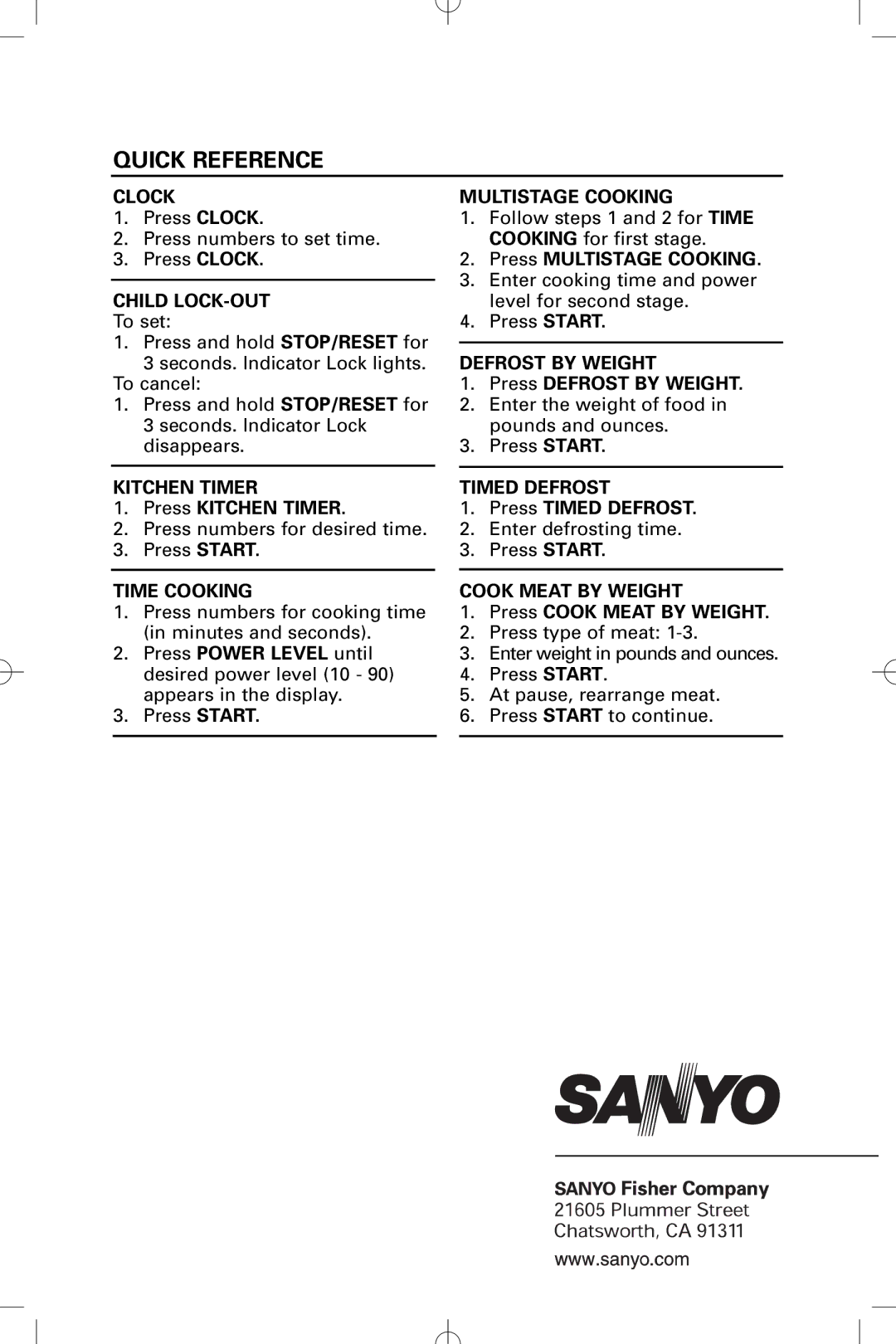 Sanyo EM-S5002W instruction manual Quick Reference, Press Kitchen Timer, Press Defrost by Weight, Press Timed Defrost 