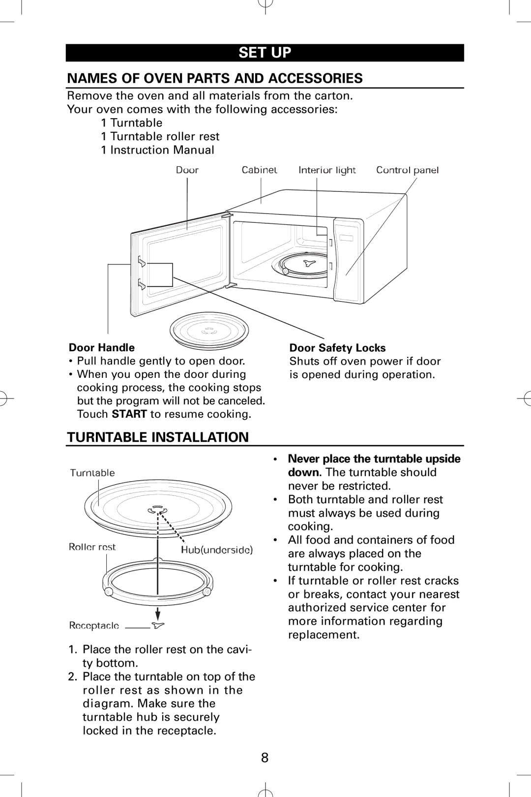 Sanyo EM-S5002W Names of Oven Parts and Accessories, Turntable Installation, Door Handle Door Safety Locks 