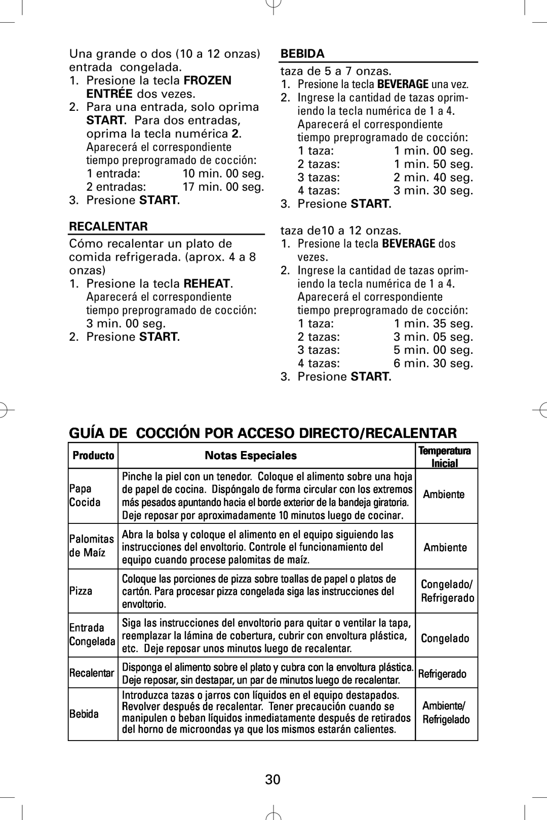 Sanyo EM-S5002W instruction manual Guía De Cocción Por Acceso Directo/Recalentar, Bebida 