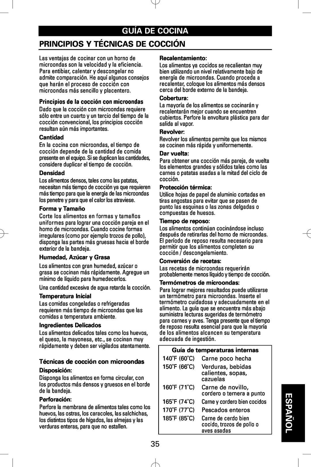 Sanyo EM-S5002W instruction manual Guía De Cocina, Principios Y Técnicas De Cocción, Español 