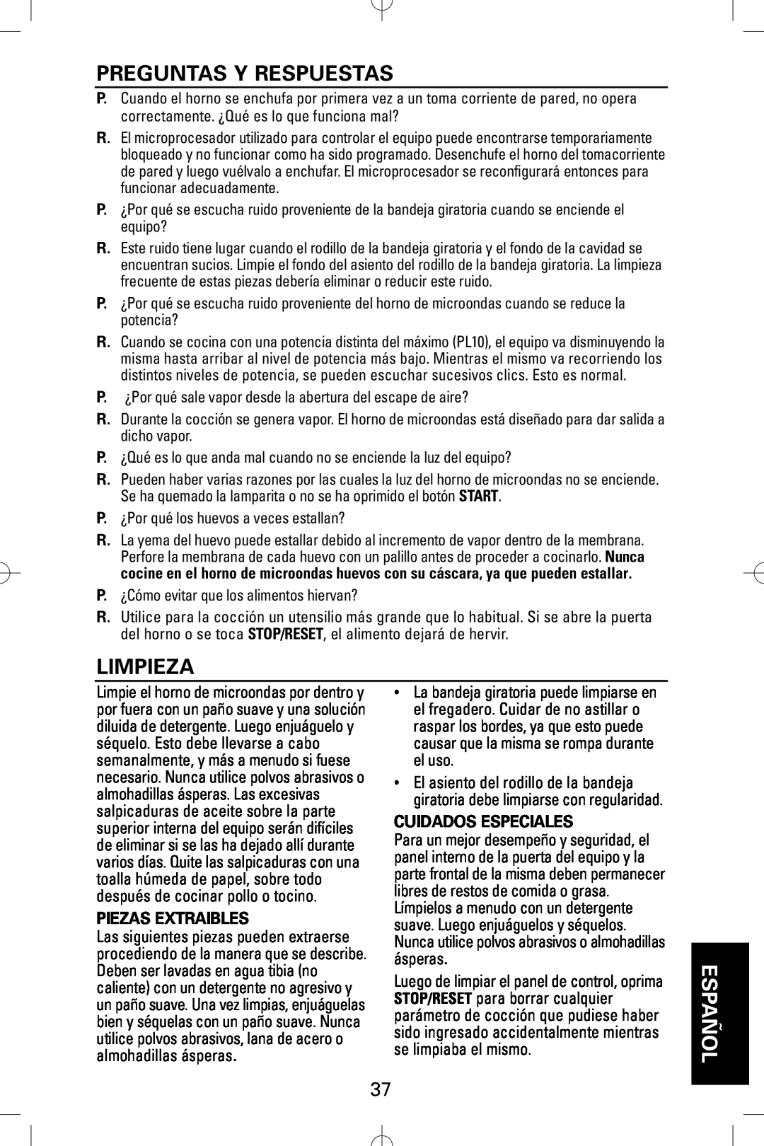 Sanyo EM-S5002W instruction manual Preguntas Y Respuestas, Limpieza, Piezas Extraibles, Cuidados Especiales, Español 