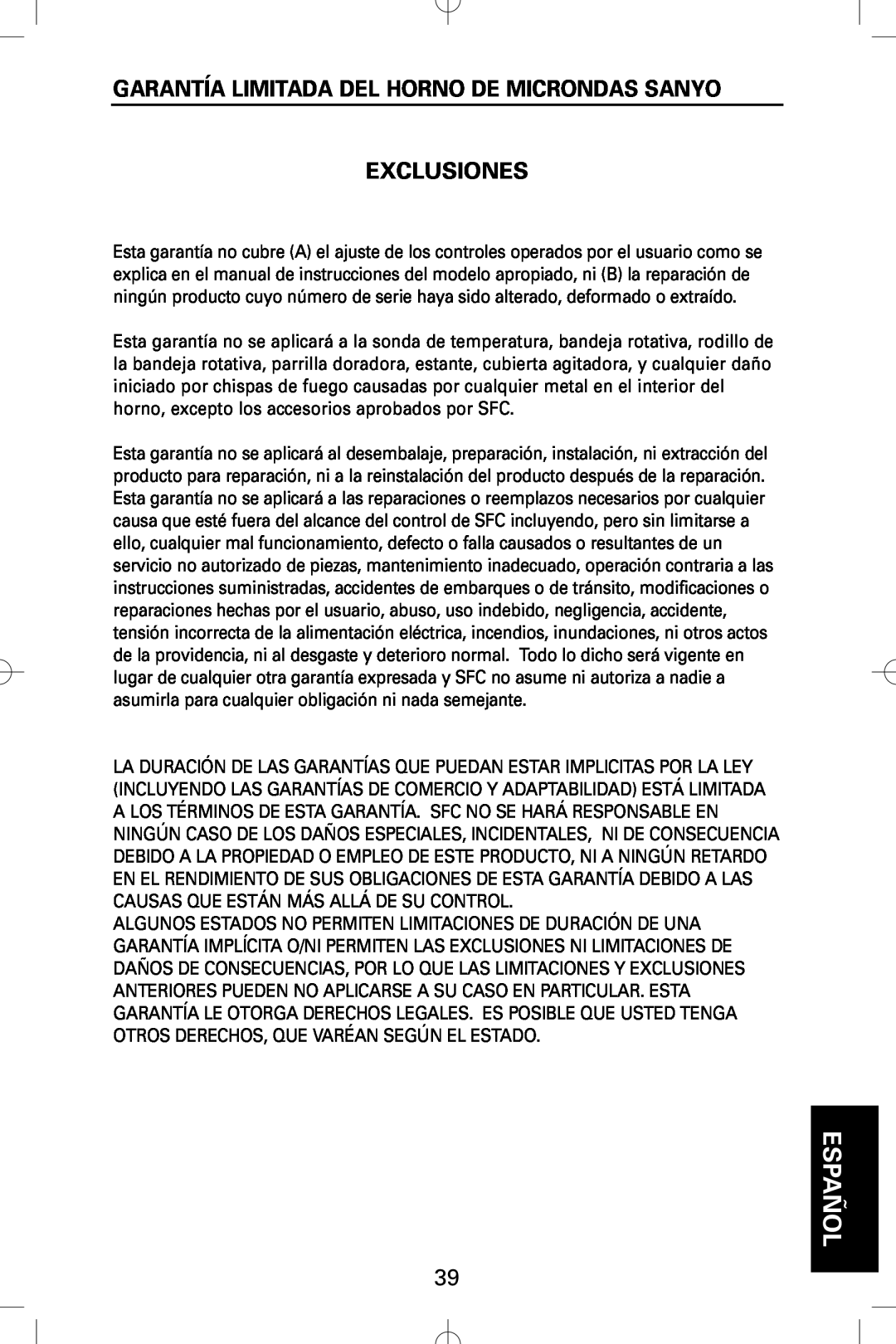 Sanyo EM-S5002W instruction manual Garantía Limitada Del Horno De Microndas Sanyo, Exclusiones, Español 
