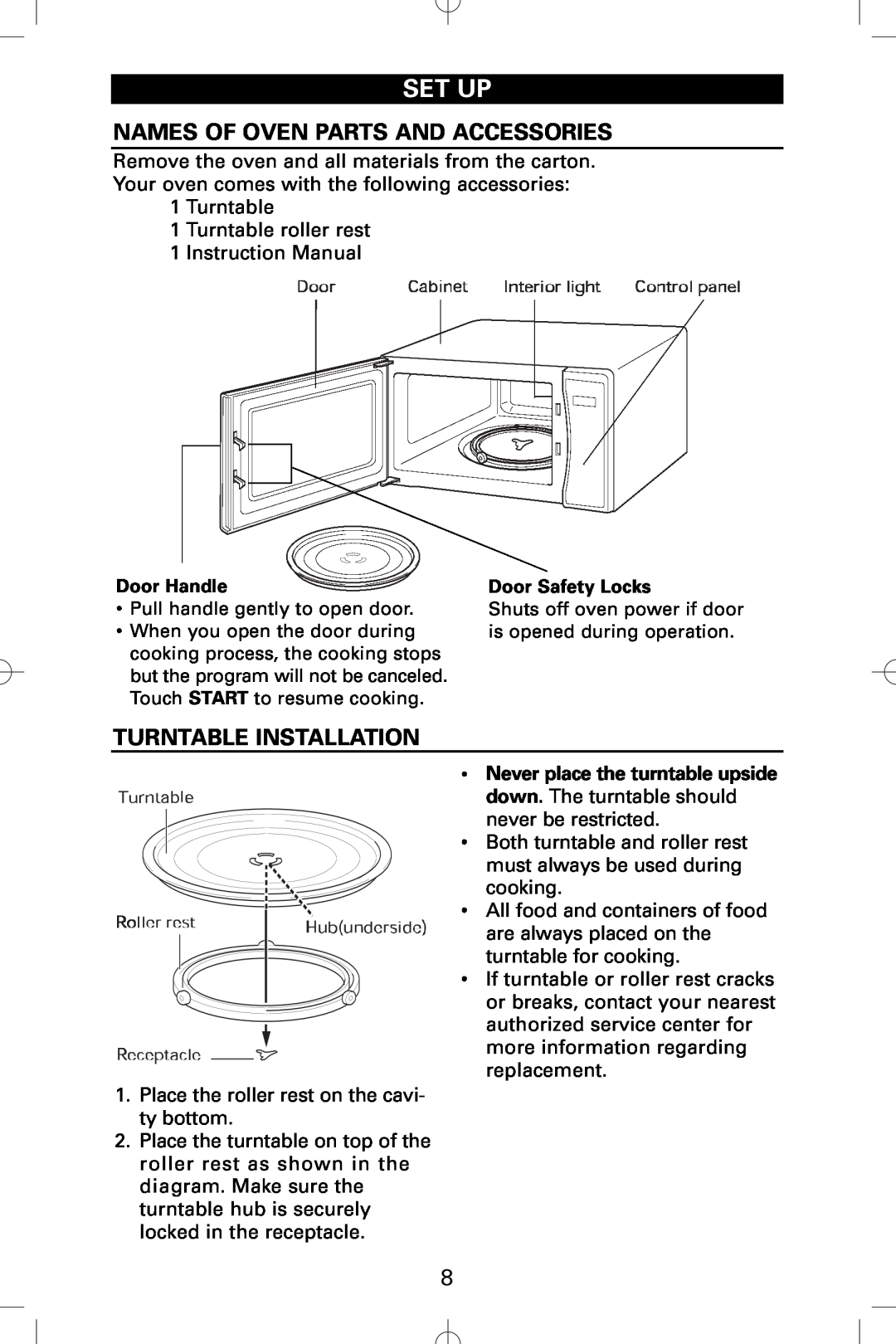 Sanyo EM-S5002W instruction manual Set Up, Names Of Oven Parts And Accessories, Turntable Installation 