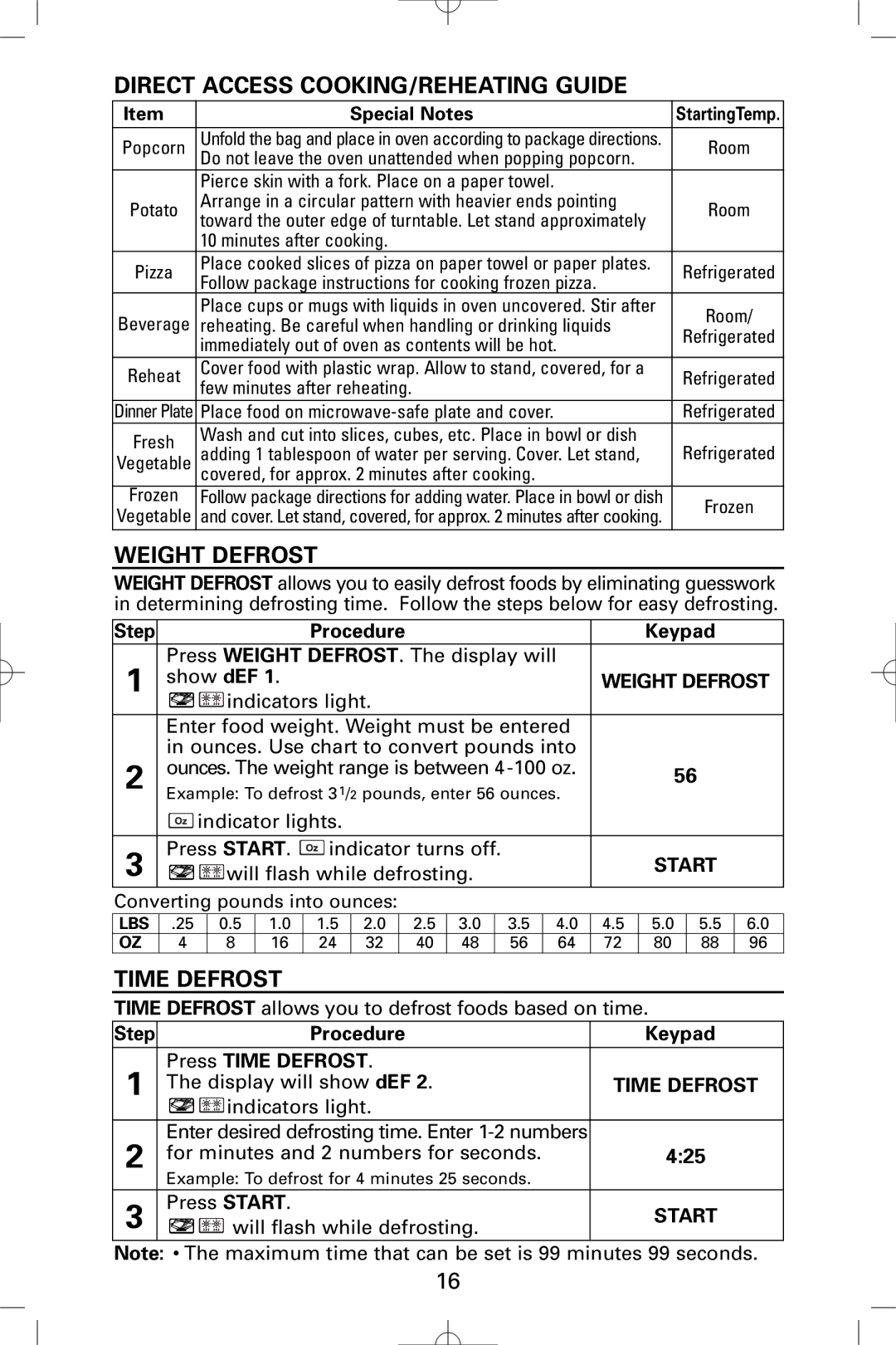 Sanyo EM-S5595S Direct Access COOKING/REHEATING Guide, Weight Defrost, Procedure Keypad Press Time Defrost, 425 