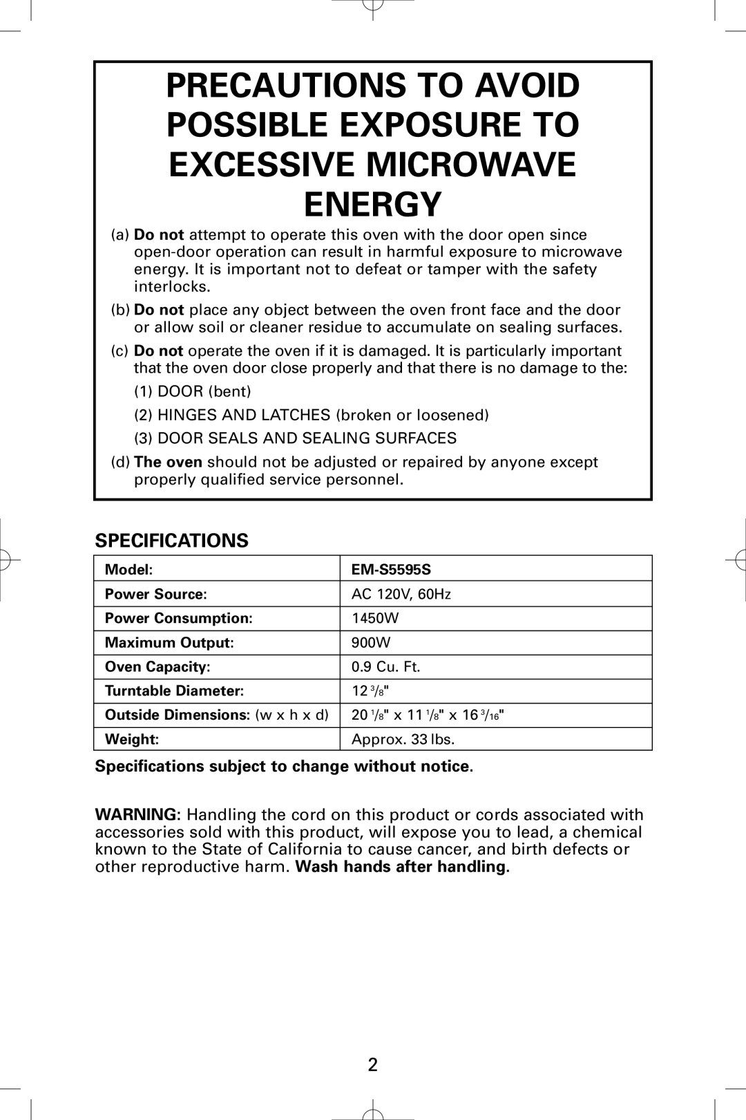 Sanyo EM-S5595S instruction manual Specifications subject to change without notice 