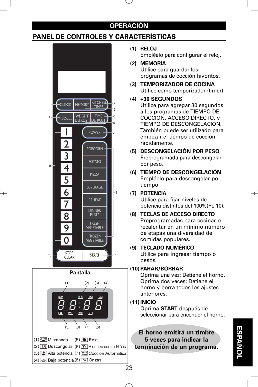 Sanyo EM-S5595S instruction manual Español, Panel DE Controles Y Características, Pantalla 