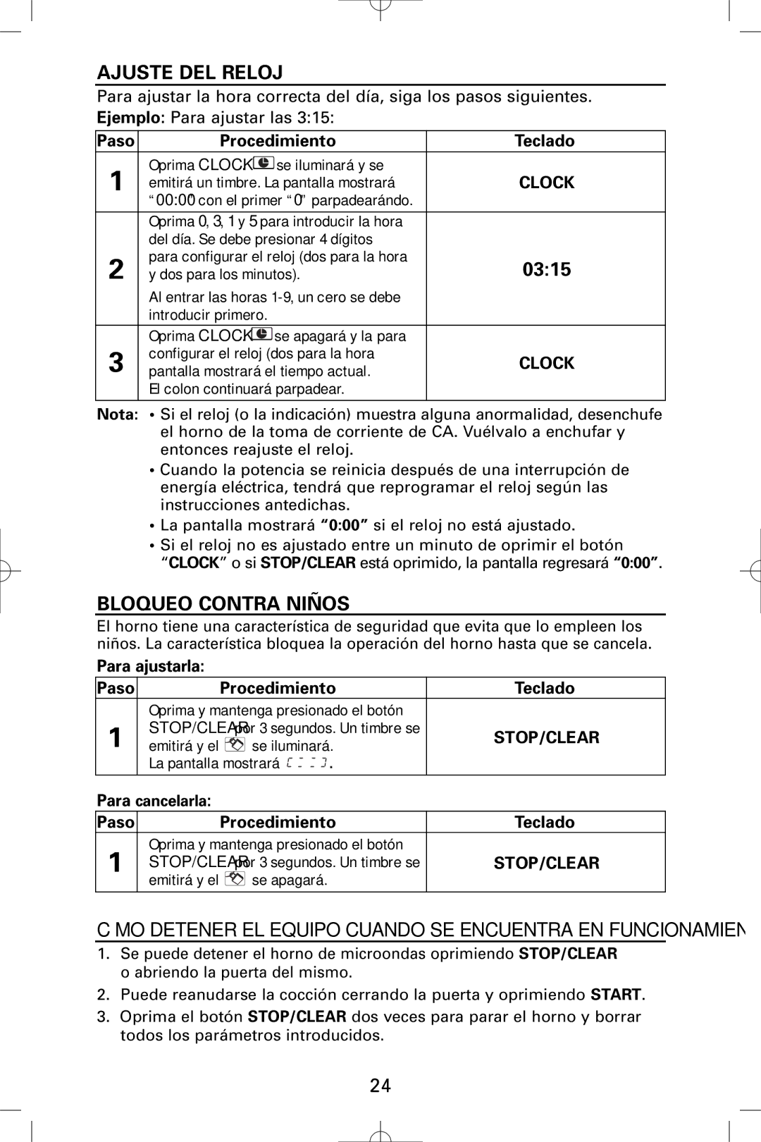 Sanyo EM-S5595S instruction manual Ajuste DEL Reloj, Bloqueo Contra Niños, Clock 