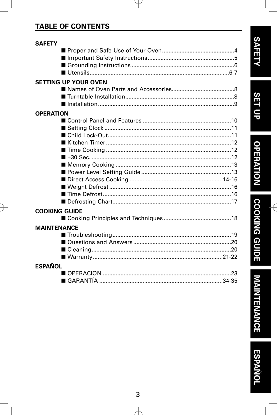 Sanyo EM-S5595S instruction manual Safety SET UP Operation Cooking Guide Maintenance Español, Table of Contents 