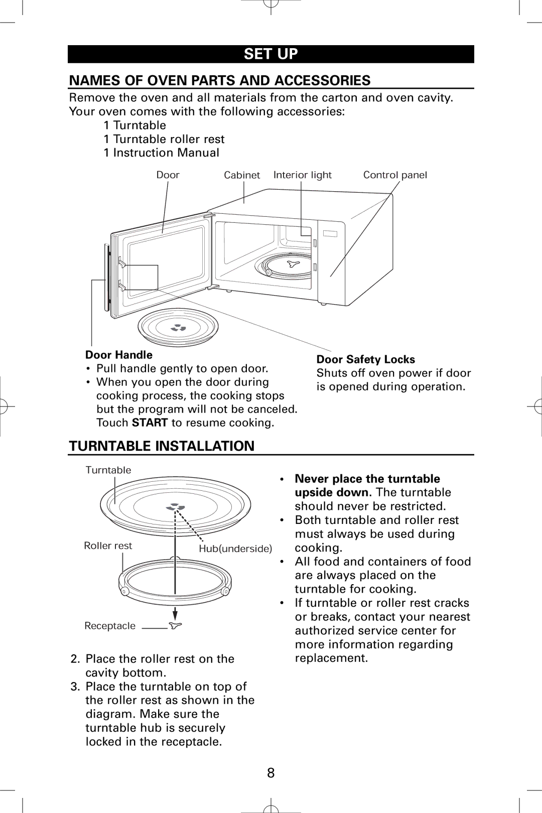 Sanyo EM-S5595S Set Up, Names of Oven Parts and Accessories, Turntable Installation, Door Handle, Door Safety Locks 