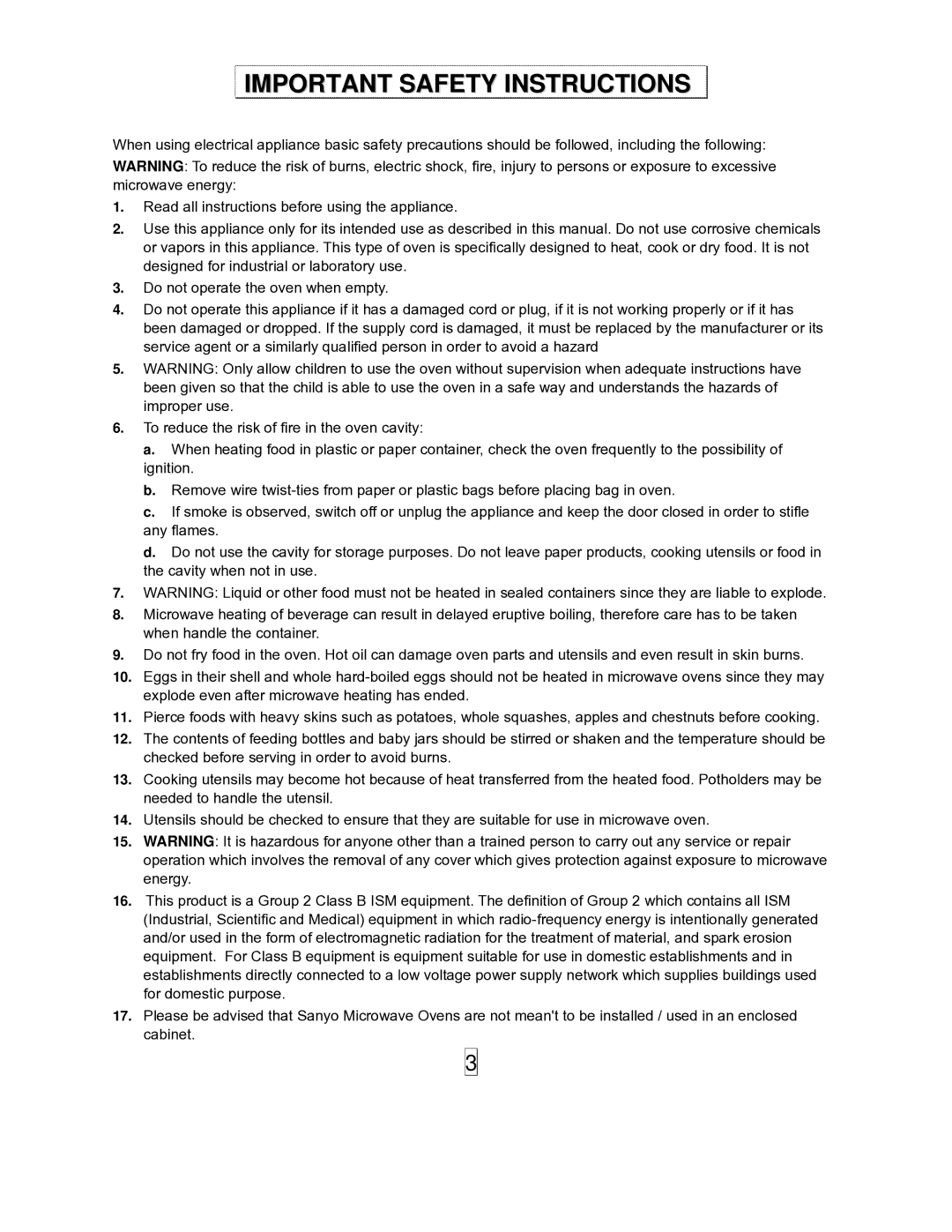 Sanyo EM-S5597B instruction manual Important Safety Instructions 