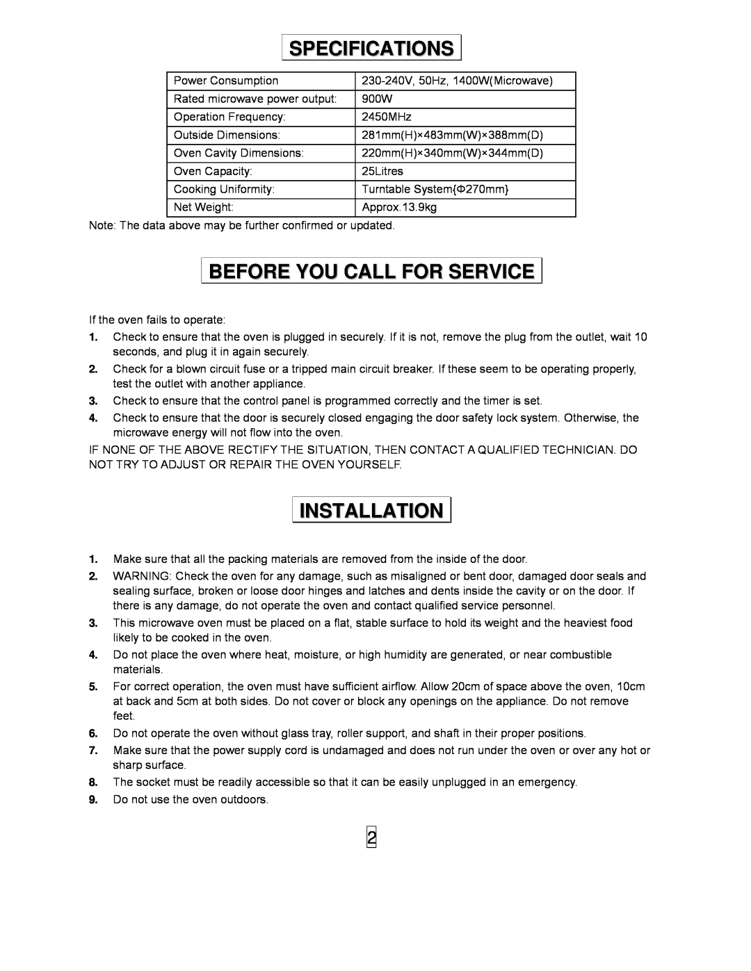 Sanyo EM-S5597B instruction manual Specifications, Before You Call For Service, Installation 