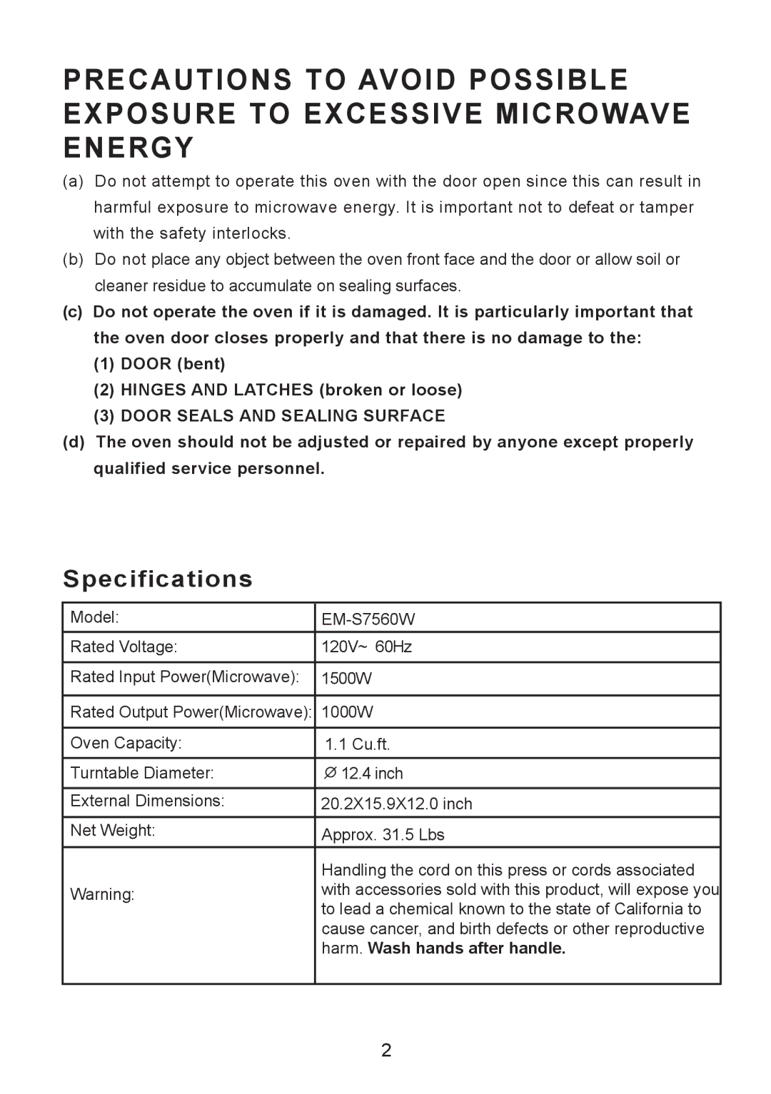 Sanyo EM-S7560W manual Specifications, Door Seals and Sealing Surface 