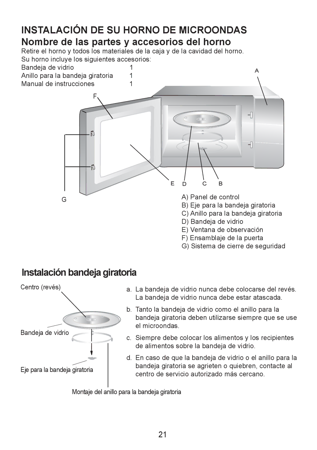 Sanyo EM-S7560W manual Instalación bandeja giratoria 