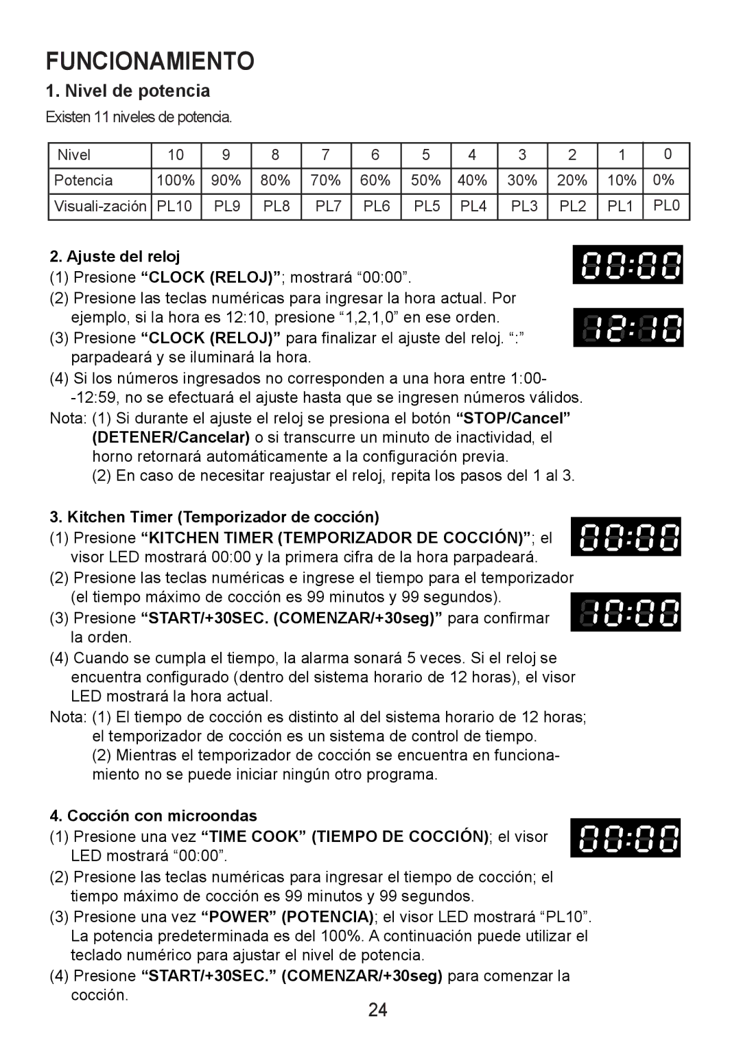 Sanyo EM-S7560W manual Ajuste del reloj, Cocción con microondas, Presione START/+30SEC. COMENZAR/+30seg para comenzar la 