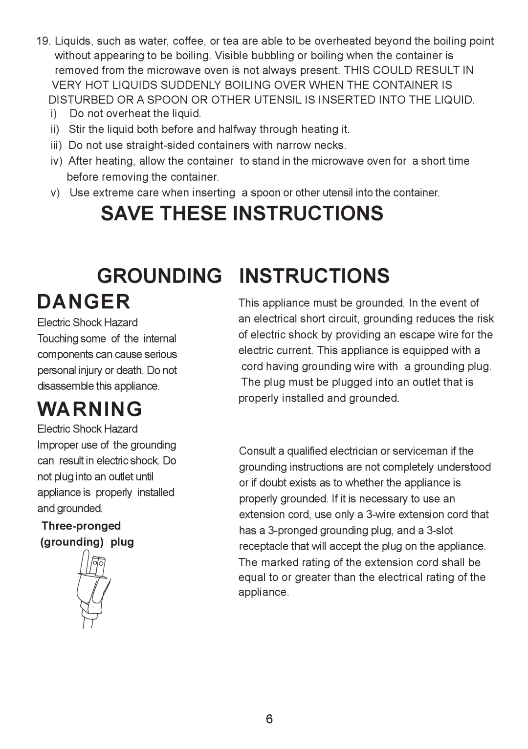 Sanyo EM-S7560W manual Grounding Danger, Three-pronged grounding plug 