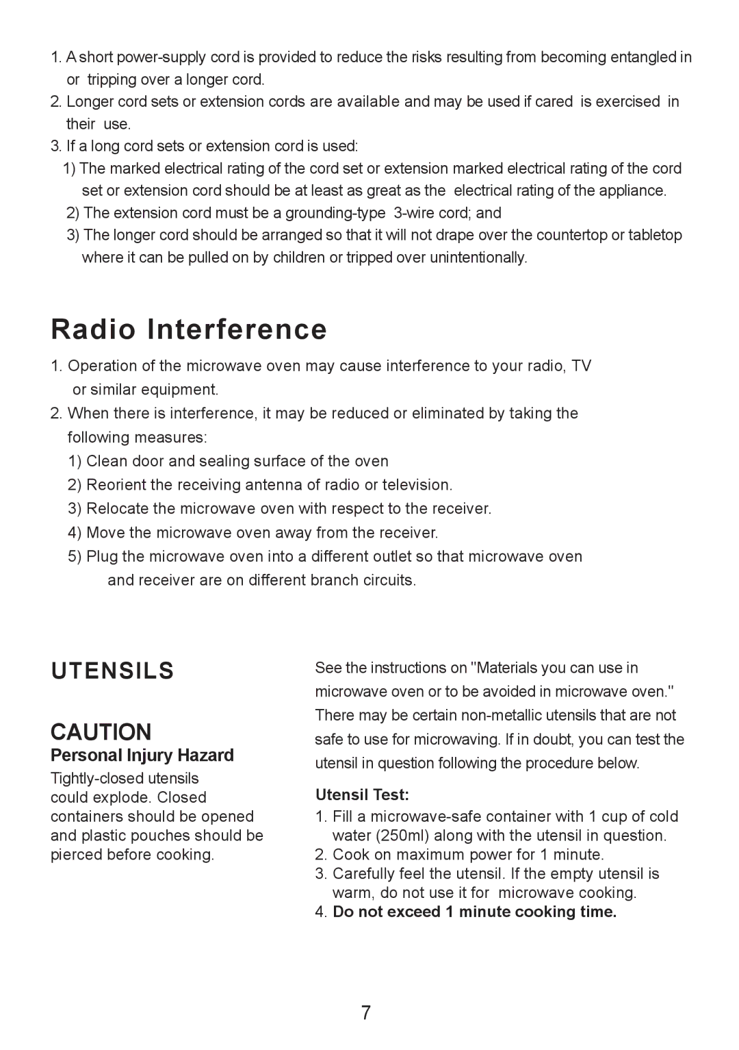 Sanyo EM-S7560W manual Utensil Test, Do not exceed 1 minute cooking time 