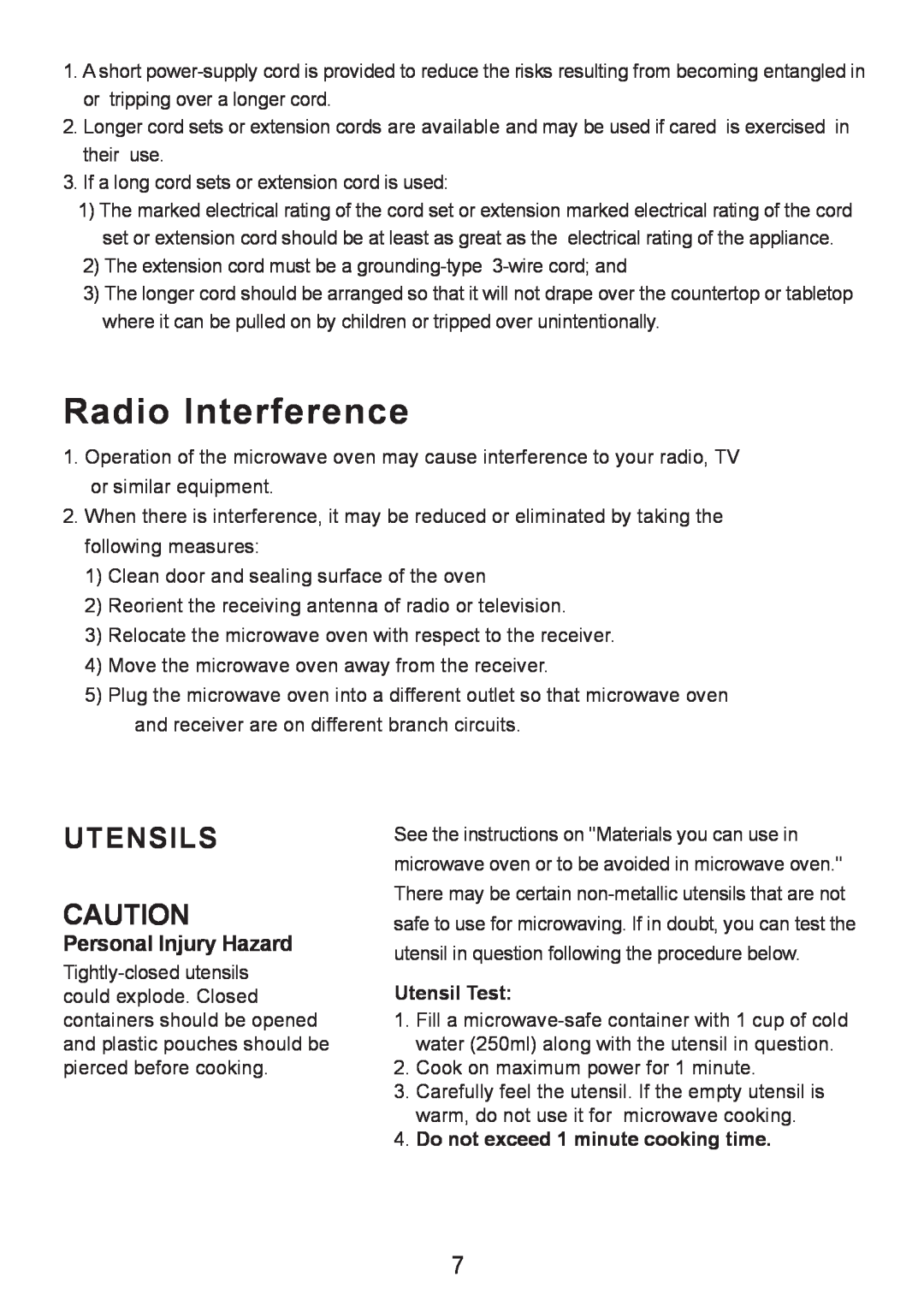 Sanyo EM-S7560W Radio Interference, Utensil Test, Do not exceed 1 minute cooking time, Utensils, Personal Injury Hazard 