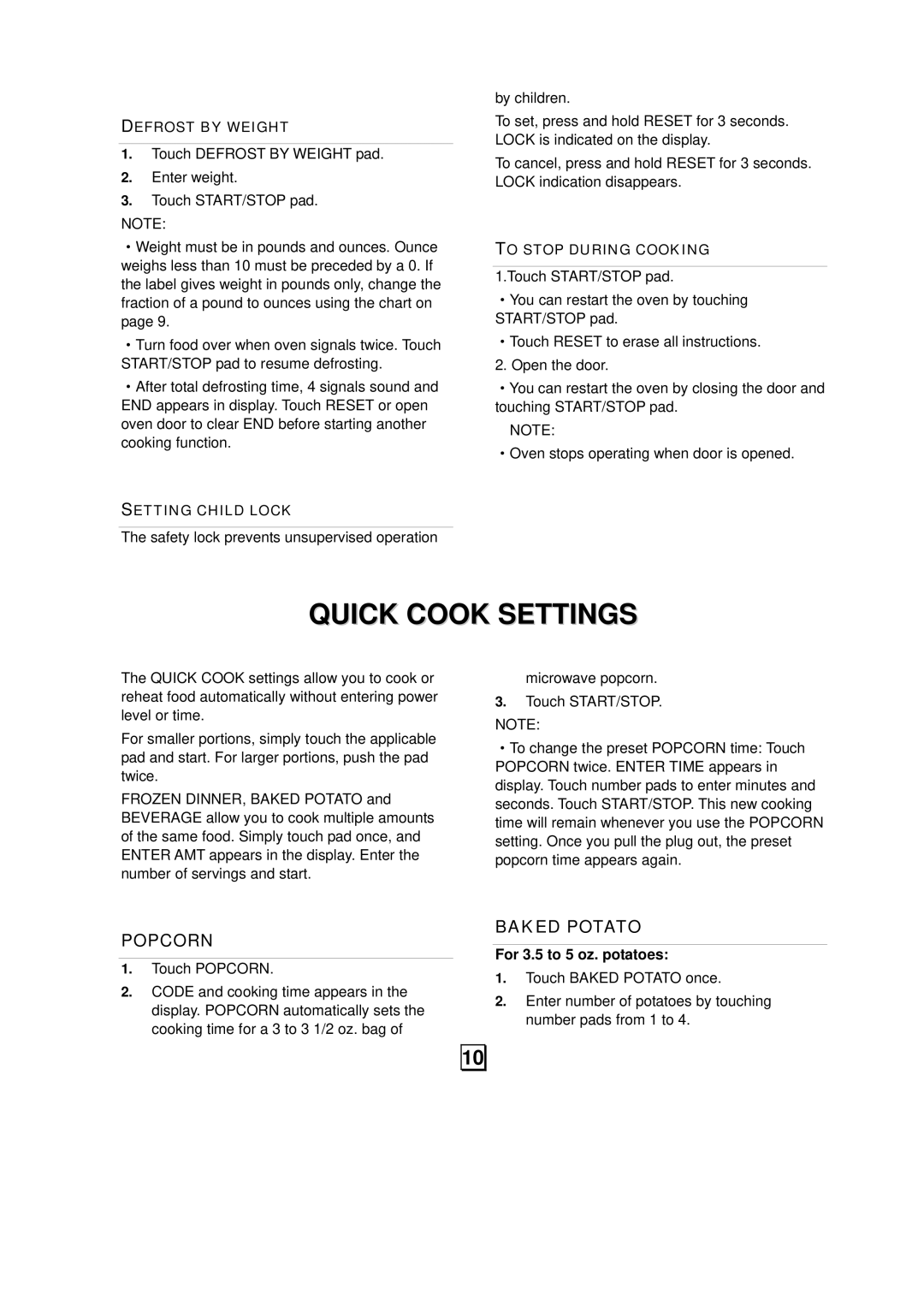 Sanyo EM-S7595S instruction manual Quick Cook Settings, Touch Popcorn, For 3.5 to 5 oz. potatoes 