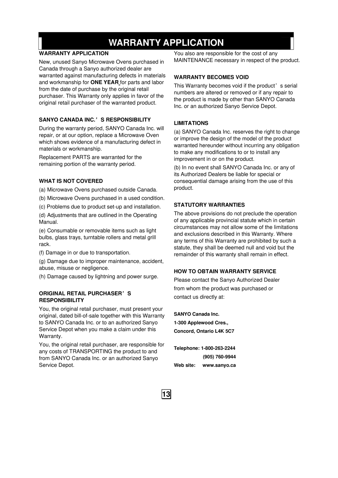 Sanyo EM-S7595S instruction manual Warranty Application 