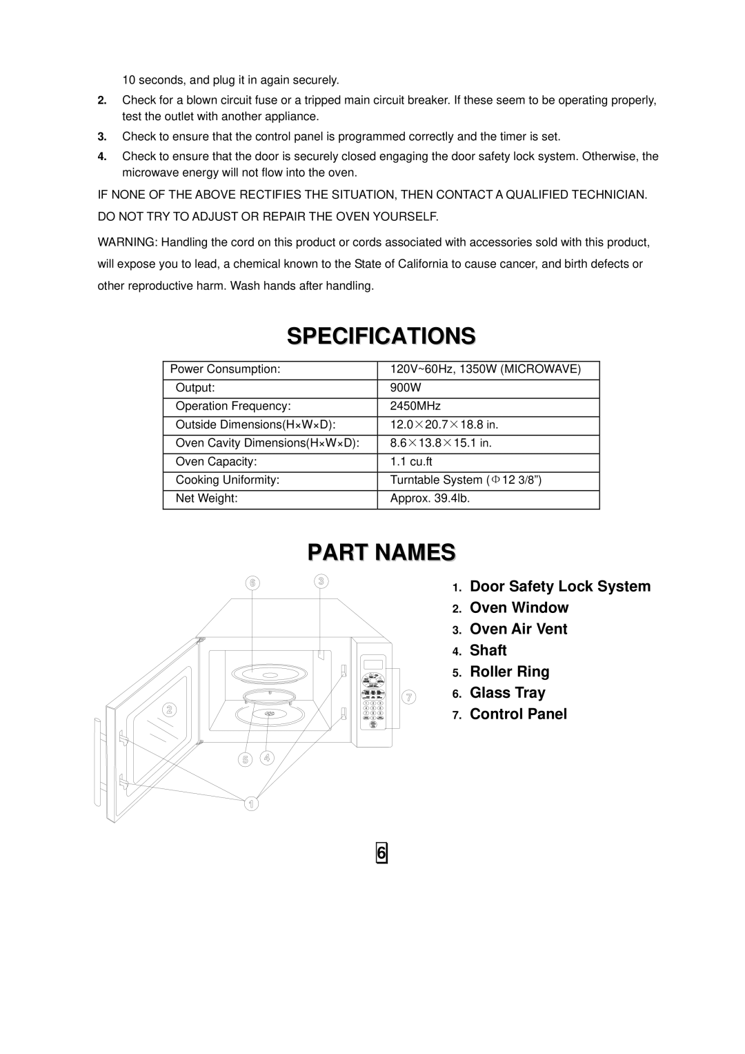 Sanyo EM-S7595S instruction manual Specifications, Part Names 