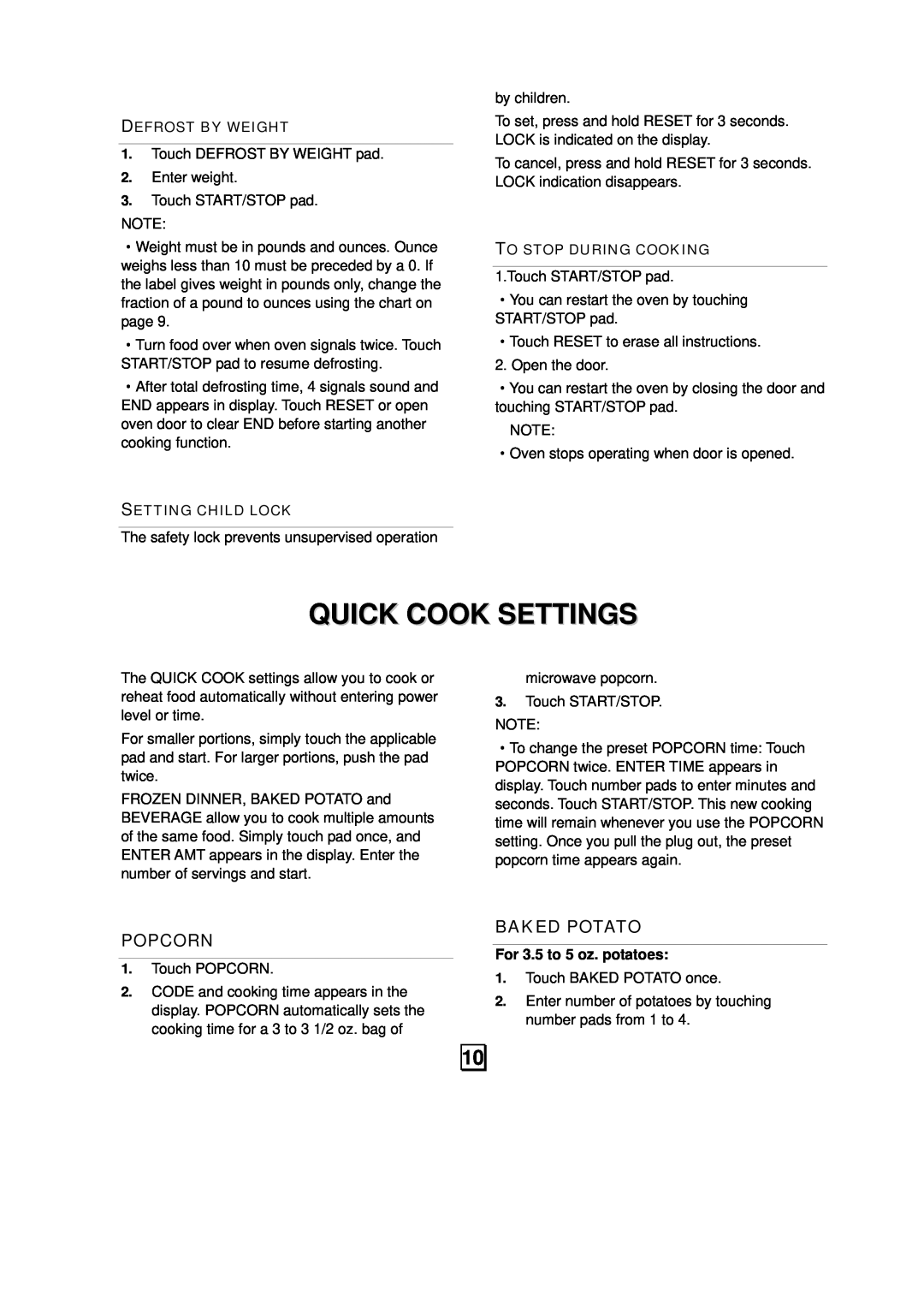 Sanyo EM-S7595S instruction manual Quick Cook Settings, Popcorn, Baked Potato 